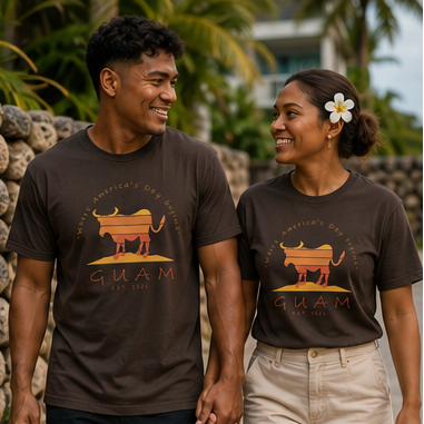 Couple wearing the Carabao Guam Island Roots Graphic T-Shirt by JAN Creations