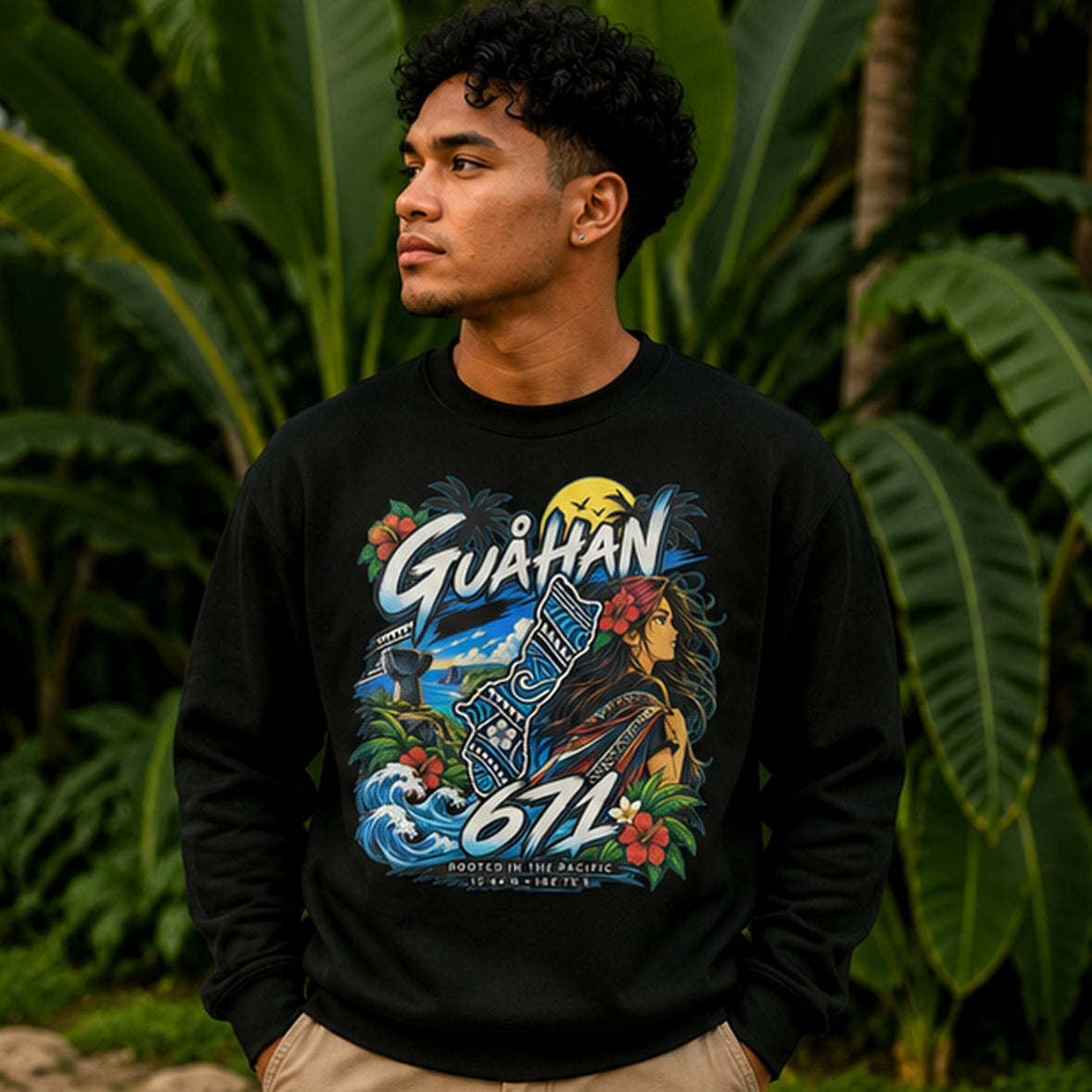 A man wearing a black crewneck sweatshirt with a colorful graphic print that reads 'GUAMIAN 674' and 'ROOTED IN THE PACIFIC', posed in front of a lush green tropical background.