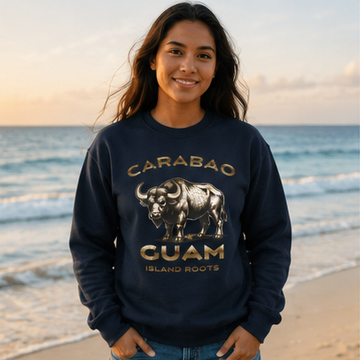 Female model wearing the navy Carabao Guam Island Roots Crewneck Sweatshirt by JAN Creations