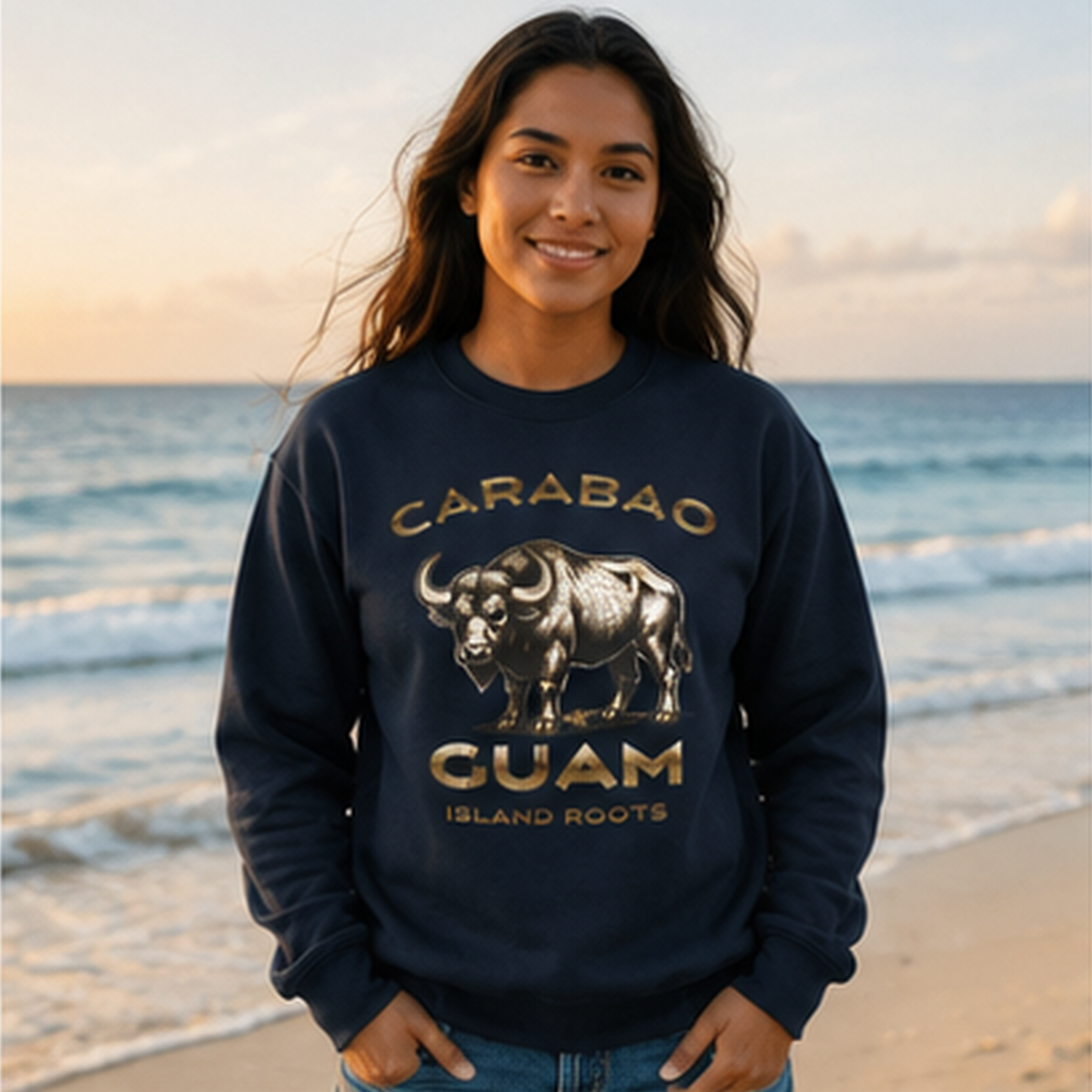 Female model wearing the navy Carabao Guam Island Roots Crewneck Sweatshirt by JAN Creations