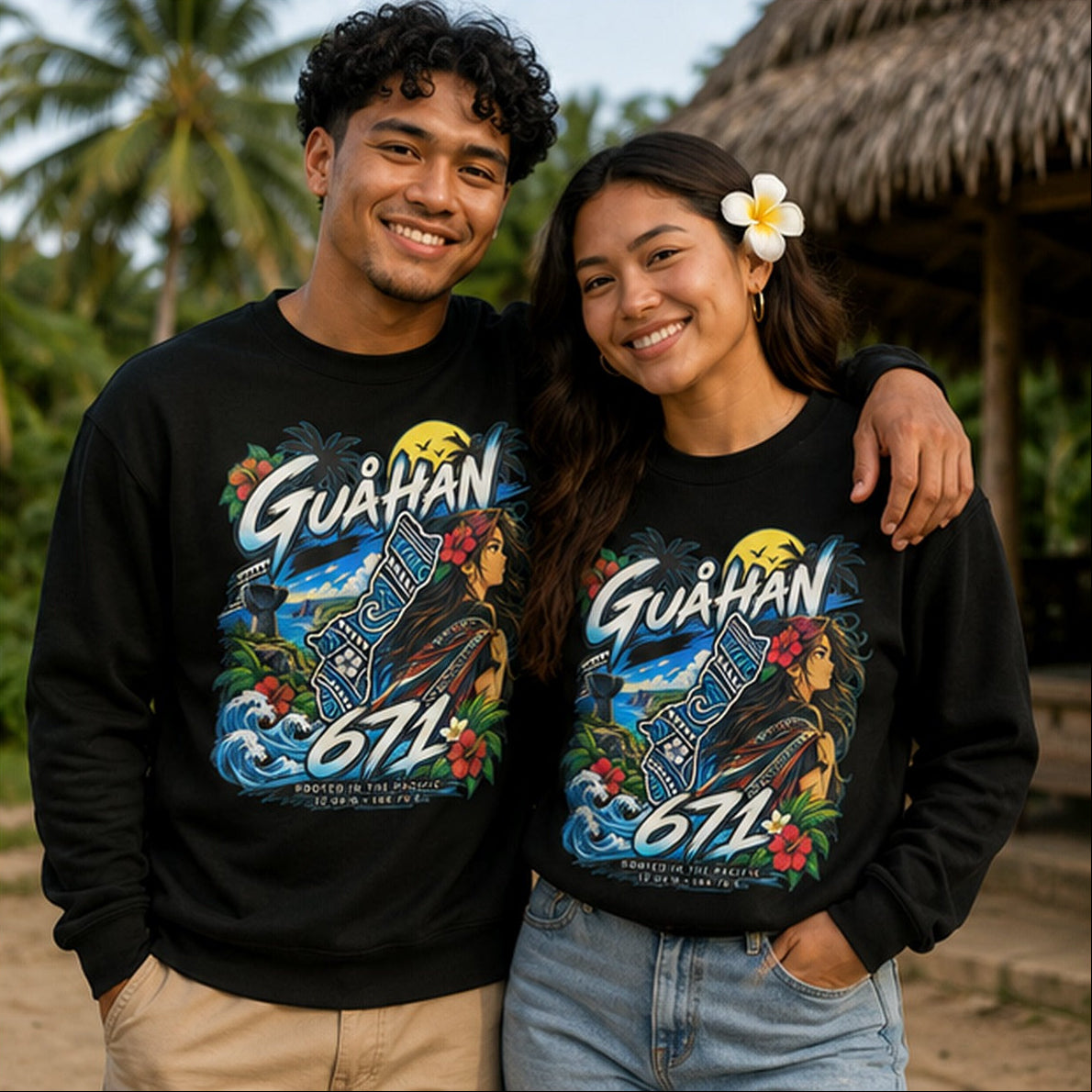 A man and a woman standing together outdoors in front of a thatched-roof structure, both wearing matching black long-sleeve graphic sweatshirts with colorful tropical wave artwork and the text 'GUAHAN 674'.