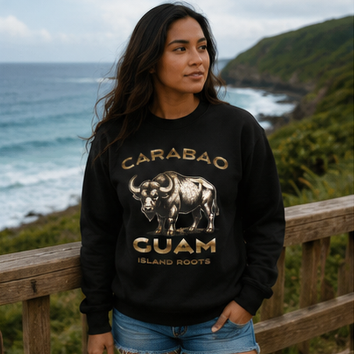 Female model wearing the black Carabao Guam Island Roots Crewneck Sweatshirt by JAN Creations