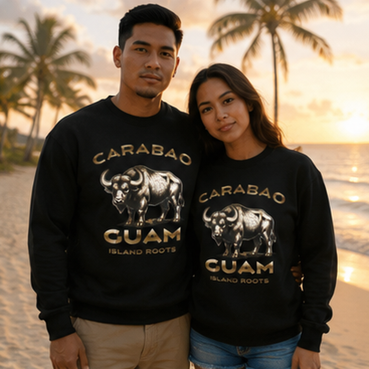 Couple wearing black Carabao Guam Island Roots Crewneck Sweatshirts by JAN Creations