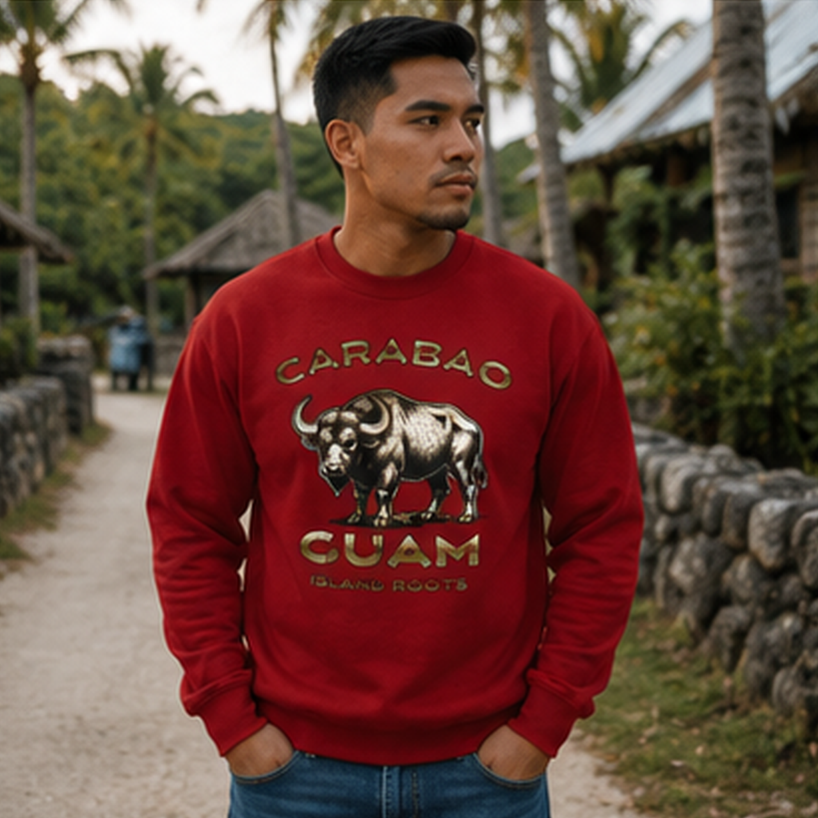 Male model wearing the cardinal Carabao Guam Island Roots Crewneck Sweatshirt by JAN Creations