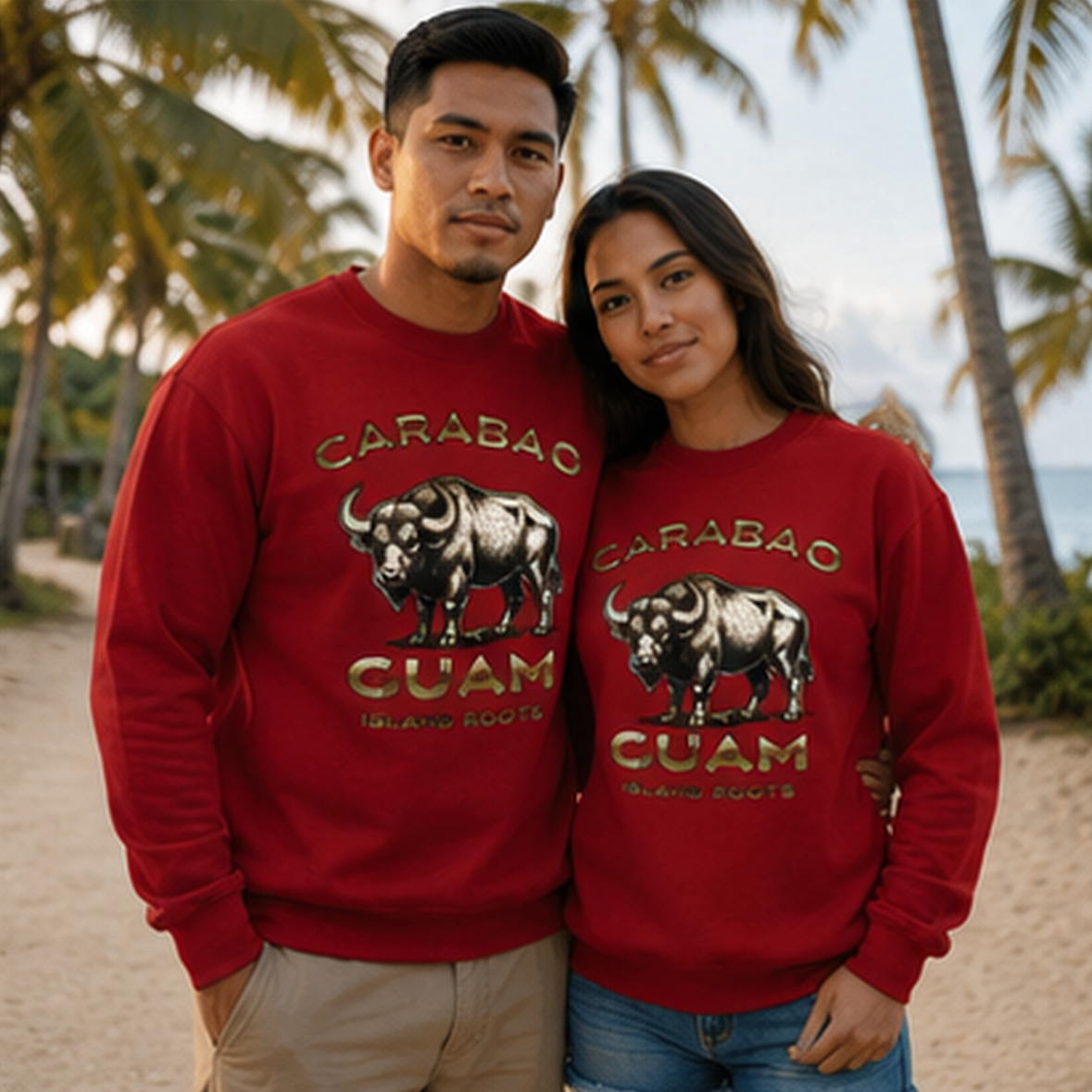 Couple wearing cardinal Carabao Guam Island Roots Crewneck Sweatshirts by JAN Creations