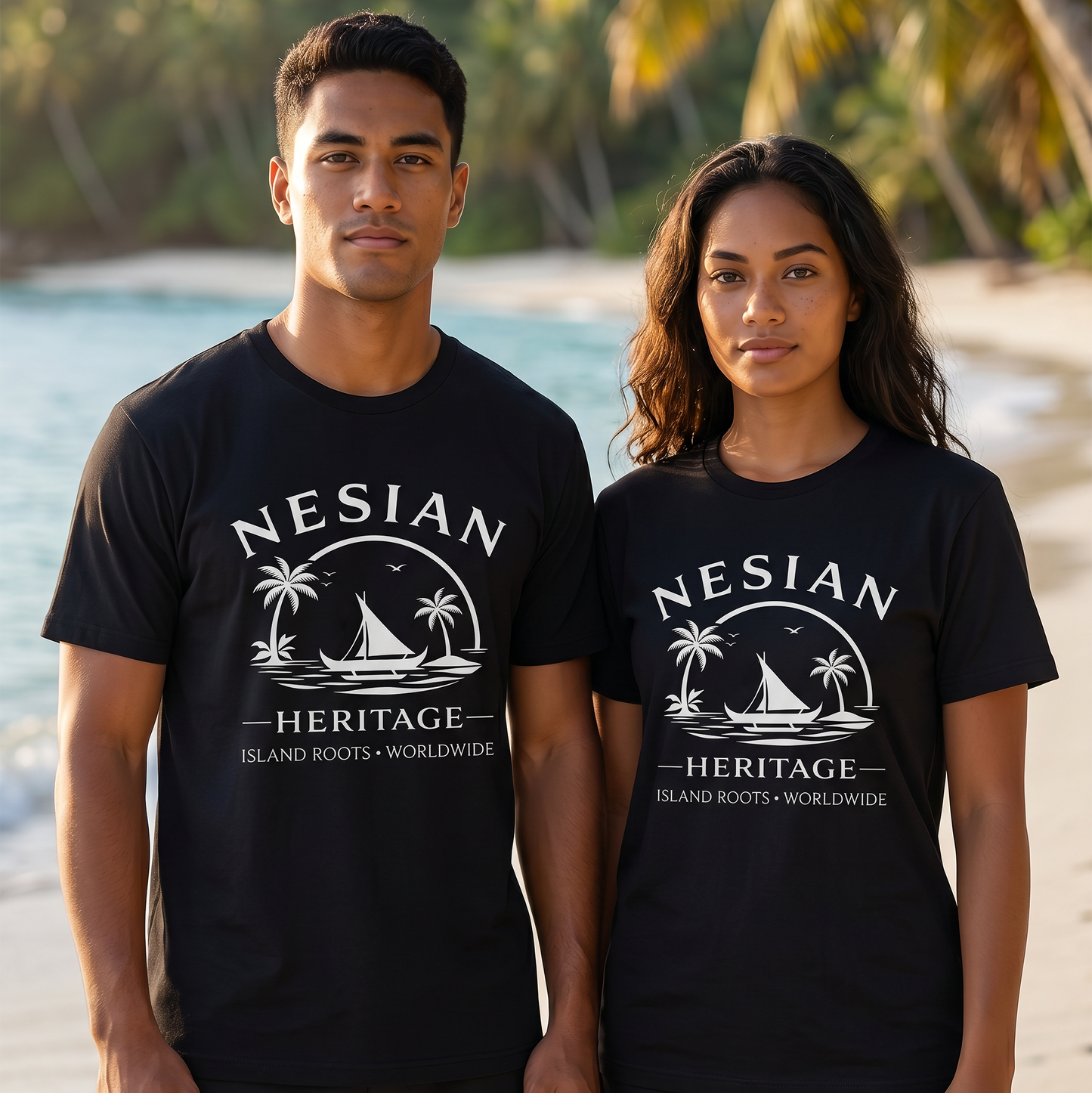 Two models wearing black Nesian Heritage Premium T-Shirts by JAN Creations