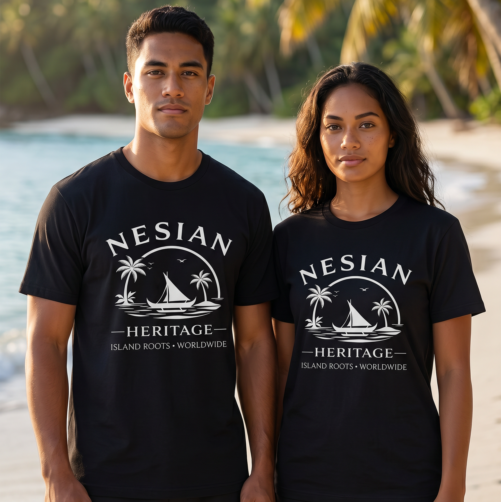 Two models wearing black Nesian Heritage Premium T-Shirts by JAN Creations