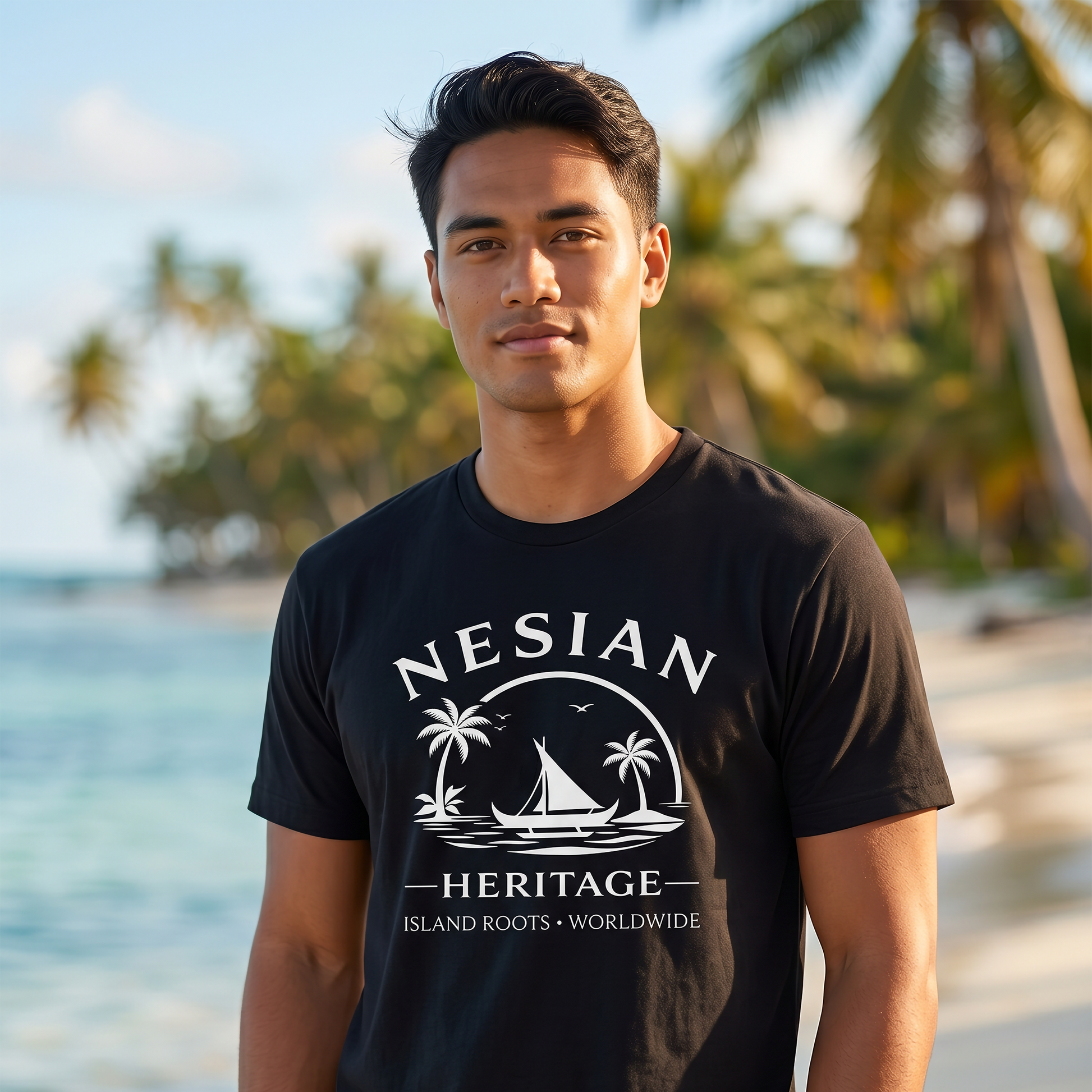Male model wearing the black Nesian Heritage Premium T-Shirt by JAN Creations